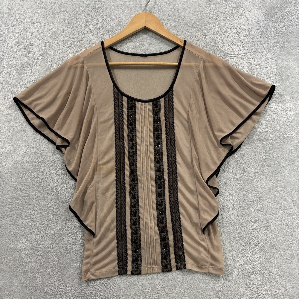 Vtg Tan Ruffle Blouse Women L Sheer Lace Trim Boho Hippie Festival Indie Y2K